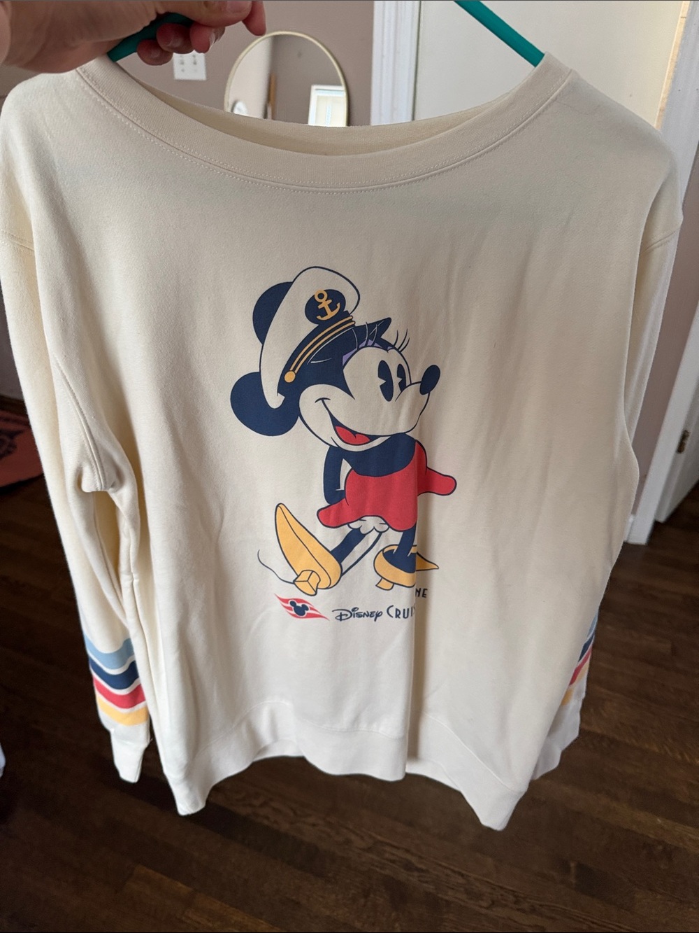 Disney Cream Crewneck with Nautical Minnie Graphic and Colorful Sleeve Stripes